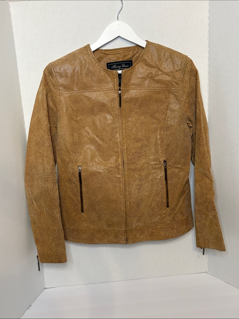 Terry Lewis Genuine Leather Perforated Zip Jacket Tan - Size XS - [PH1]